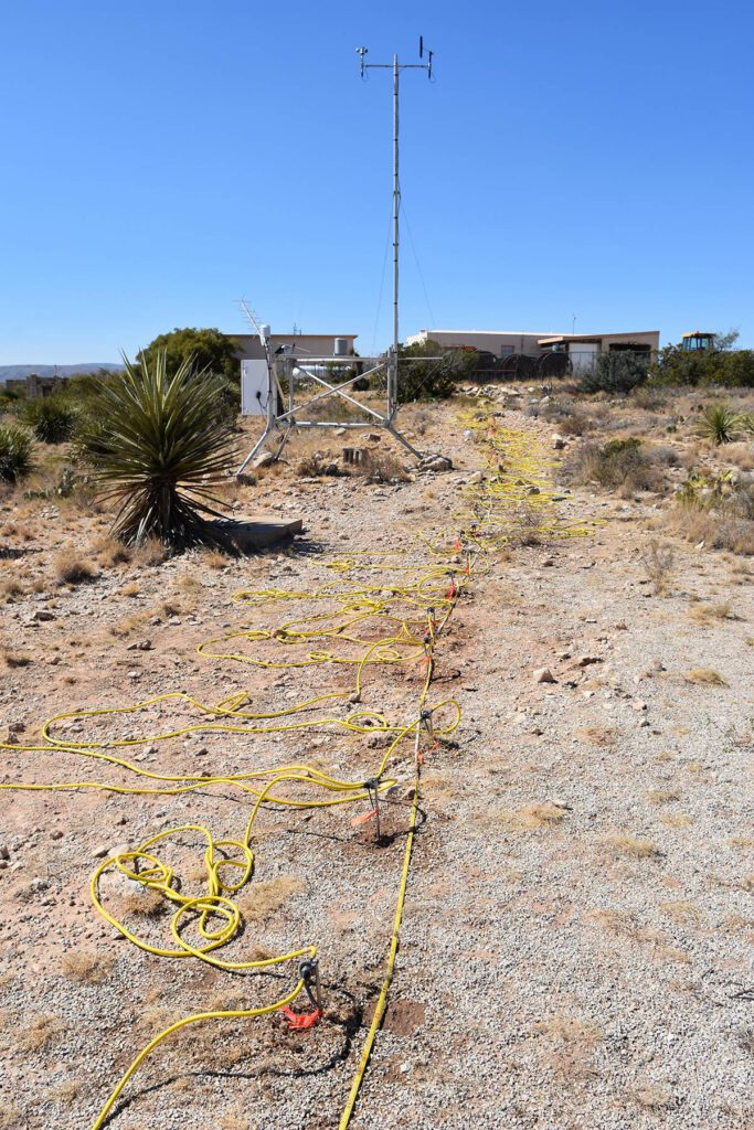 An electrical resistivity array surveys for cavities that might impact nearby buildings. Photo courtesy: NCKRI Staff George Veni.